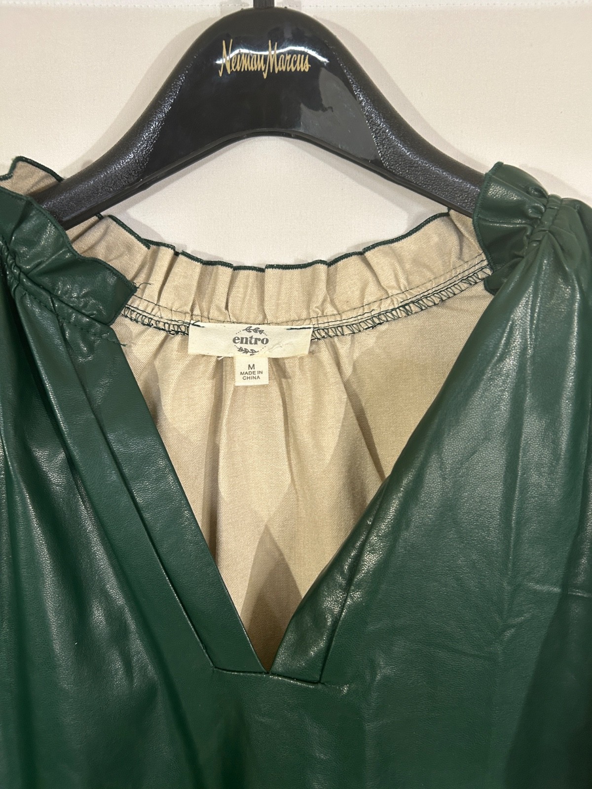 Entro Faux Leather Tiered Ruffle Sleeve Dress Minimalist Neutral Green Sz M