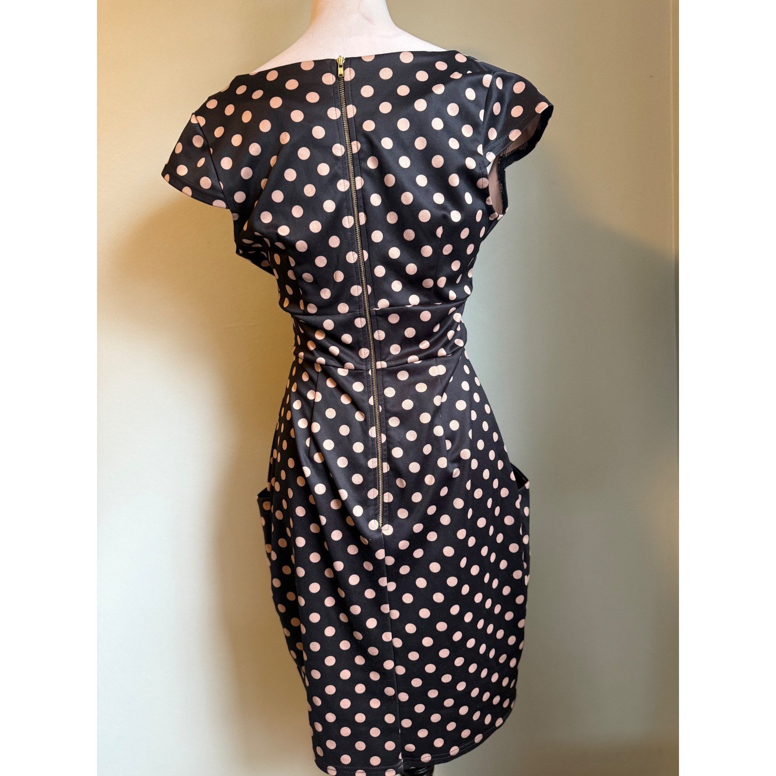 Pink Martini Black Beige Polka Dot Draped Neck Sheath Dress S retro whimsi Y2K