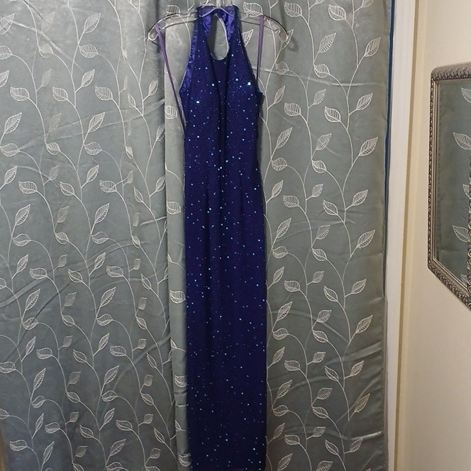 Scala Purple Beaded Sequin Halter Open Back Long Maxi Dress Formal S