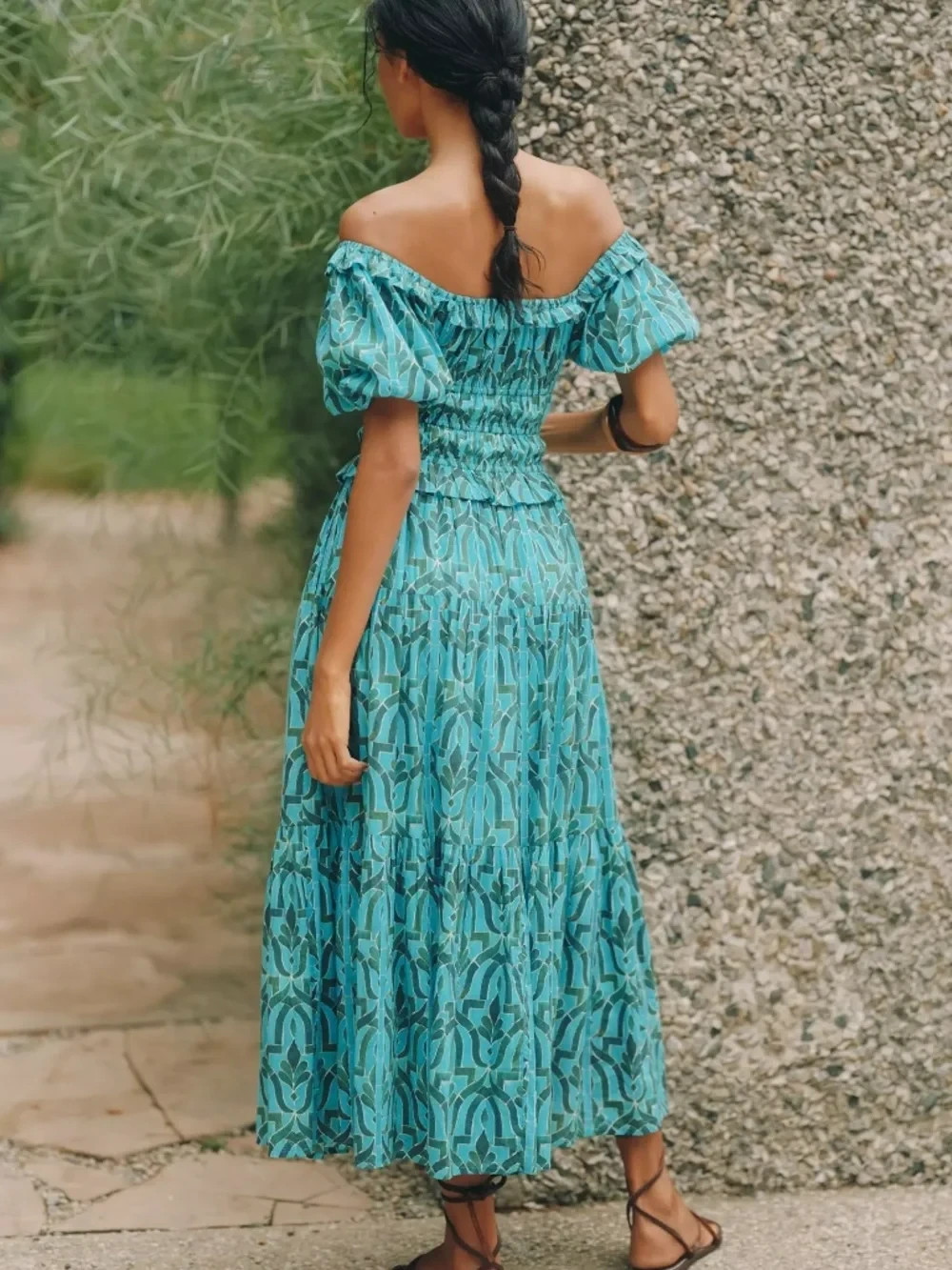 Anthropologie Ro’s Garden Percy Puff-Sleeve Midi Dress in Blue Green Pattern NWT