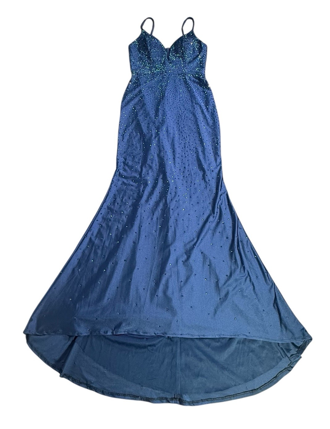Dancing Queen Navy Blue Beaded Sparkling Maxi Train Evening Dress Sz S