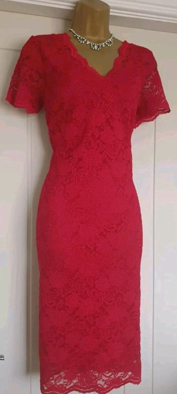 Stretchy red vintage 1940s 1950s lace pencil wiggle Wedding Party dress size 12