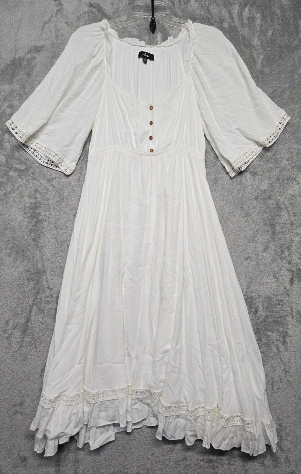 Lulus Dress Womens Size Small White Boho Maxi Fit Flare Crochet Bell Sleeve