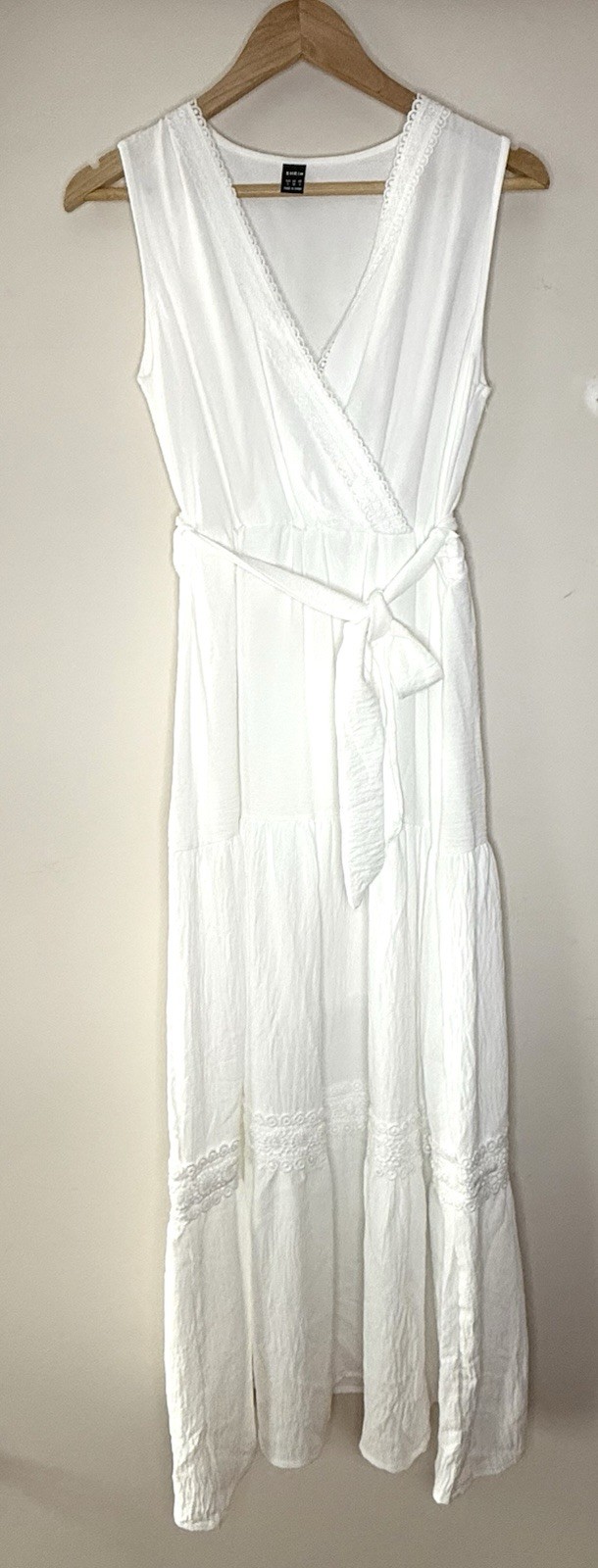 NWOT Shein Size Small White Tiered Solid Lace Casual Maxi Dress Sleeveless Belt