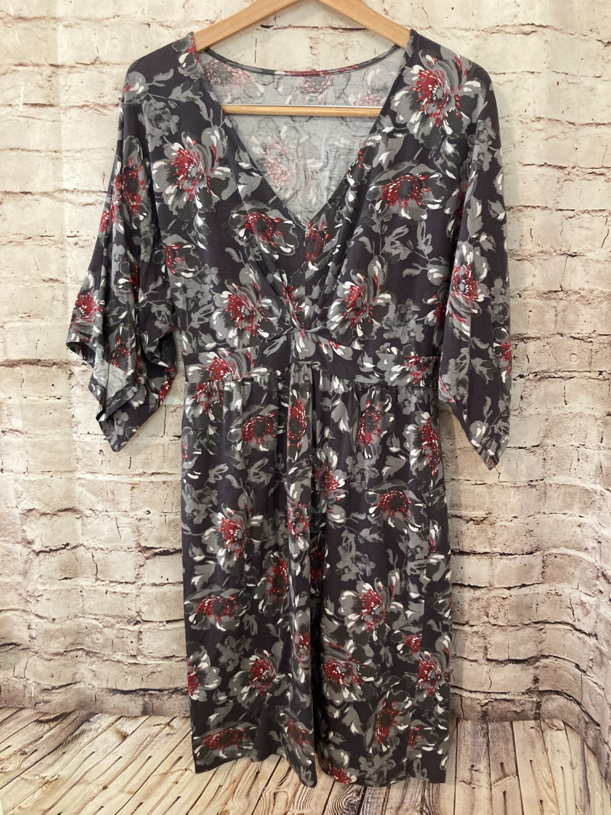 Garnet Hill Dress Womens Small Gray Floral A Line Midi Stretch Kimono Sleeve