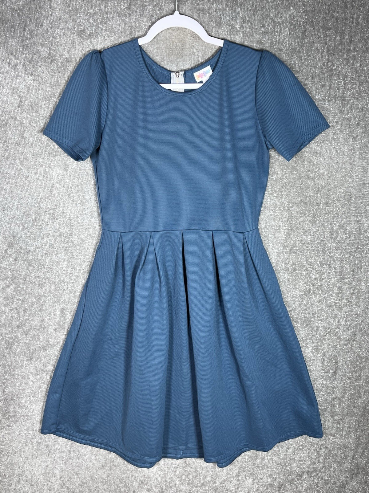 LuLaRoe Skater Dress Womens Sz Large Teal Blue Stretch Pockets Pleated Textured