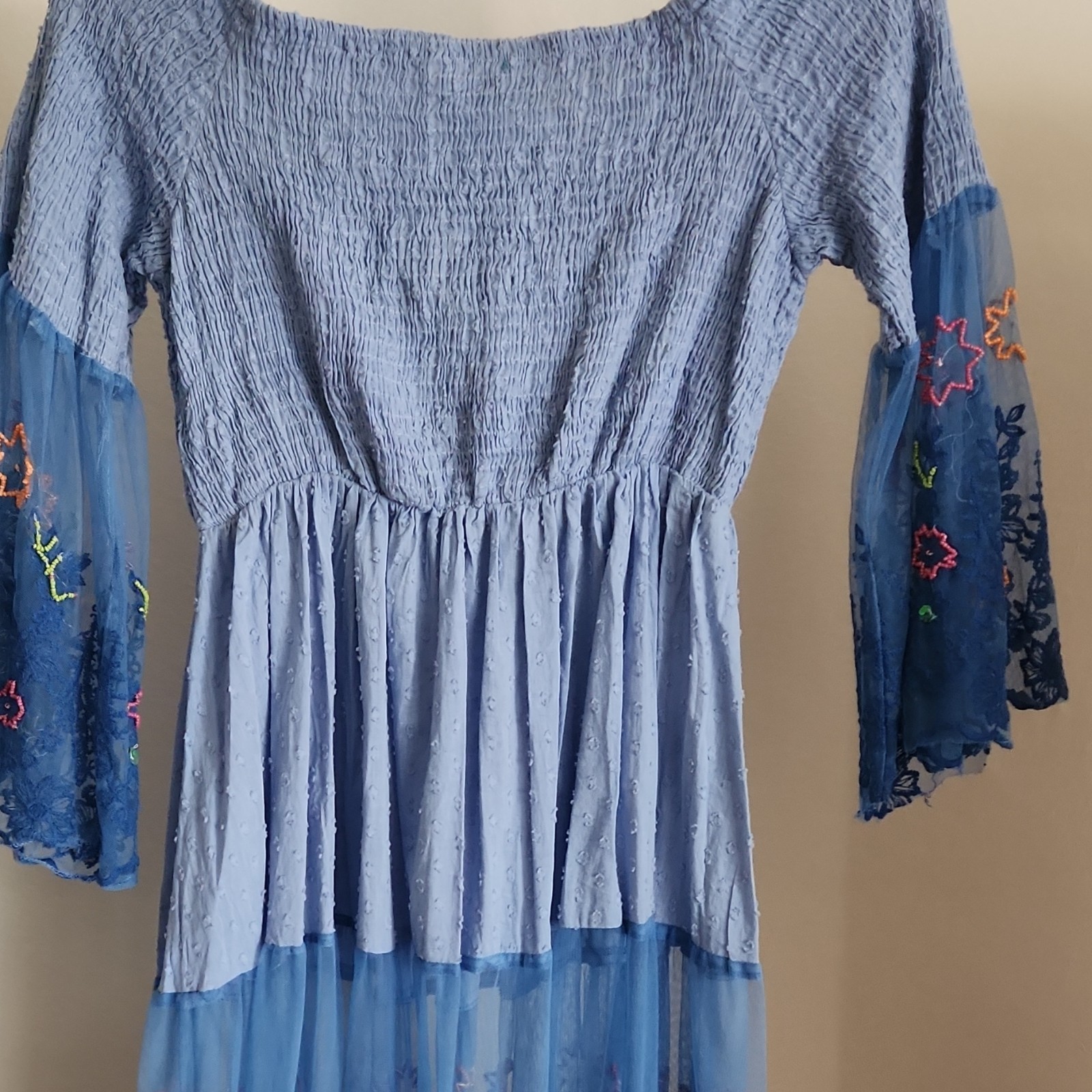 Antica Sartoria Blue Beaded Embroidered Mesh Floral Dress – One Size fits most