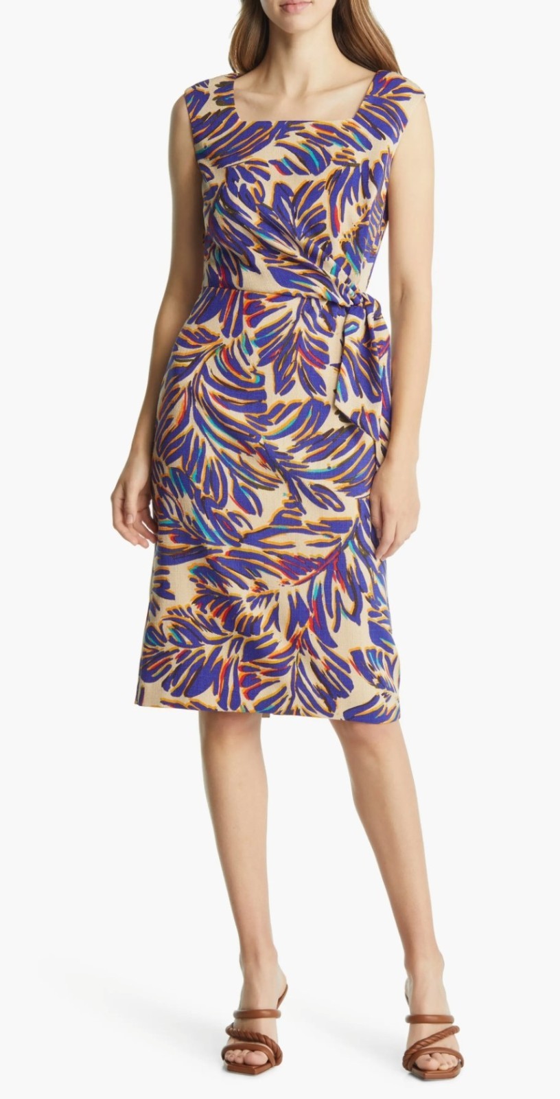 Tahari ASL Leaf Print Sheath Dress Side Tie Detail Size 6